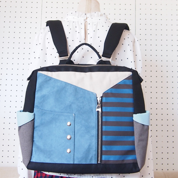 Square Backpack * Light Blue Suede & Border（四角いリュック・水色スエードとボーダー）