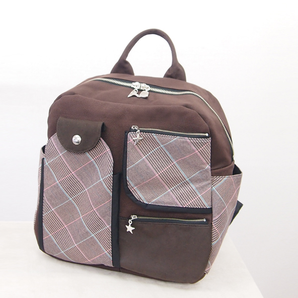 Wide Backpack * Pink Mint Brown Check（幅広いリュック・ピンクミント茶チェック柄）