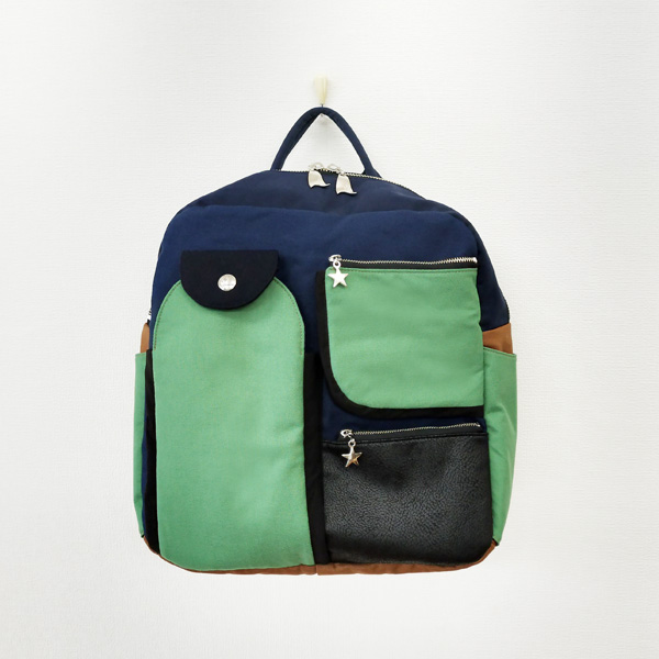 Wide Backpack * Light Green & Navy（幅広いリュック・黄緑と紺）