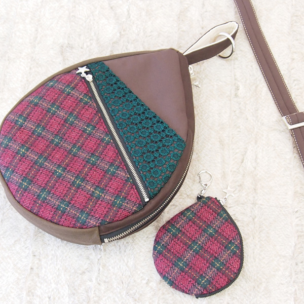 Sizuku Shoulder plus Pouch * Dark Pink Green Check（しずくショルダープラスポーチ・濃いピンクと緑のチェック柄）