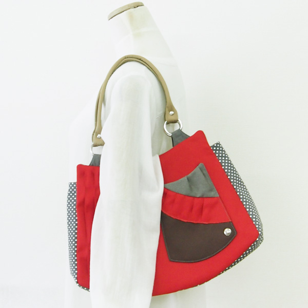 Pleat Tote Bag * Red Gray Dot（プリーツトートバッグ・赤とグレードット柄）