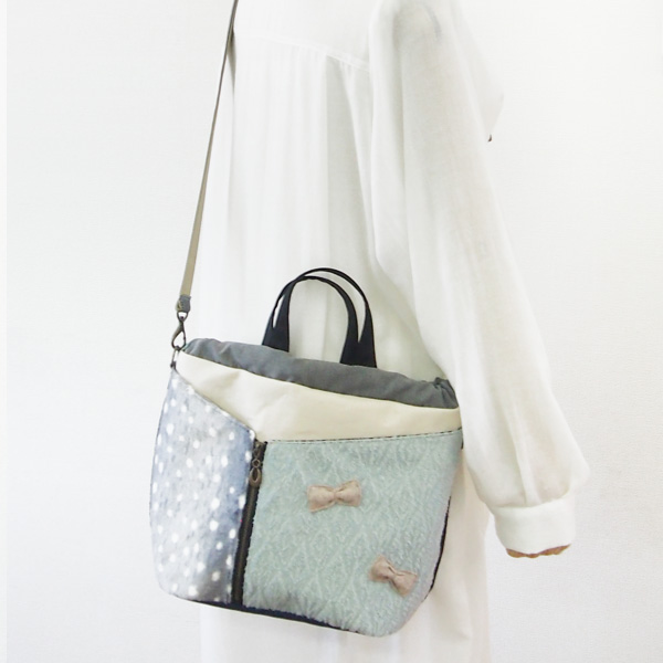 2WAY Drawstring Tote & Shoulder * Deer Fur and Light Blue Ribbon（2WAY巾着トートショルダー・鹿柄のファーと水色リボン）