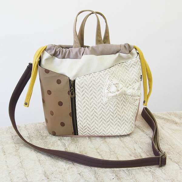 2WAY Drawstring Tote & Shoulder * Beige Dot Herringbone Ribbon（2WAY巾着トートショルダー・ベージュドットヘリンボンリボン）