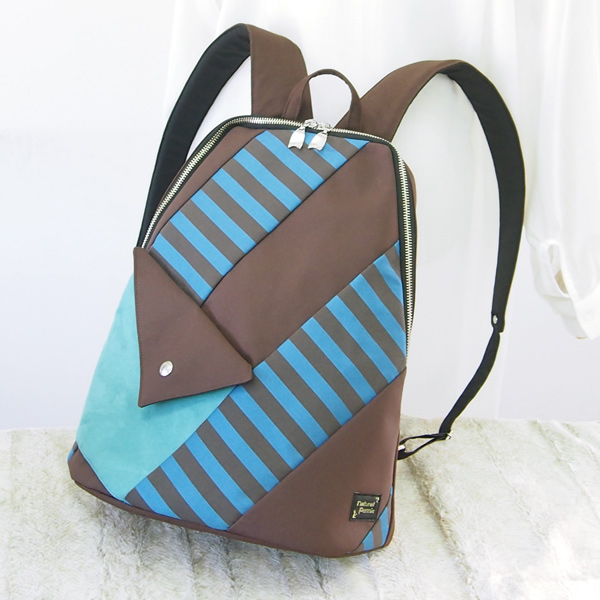 Slim Backpack * Light Blue Border & Brown（スリムなリュック・水色ボーダーと茶）